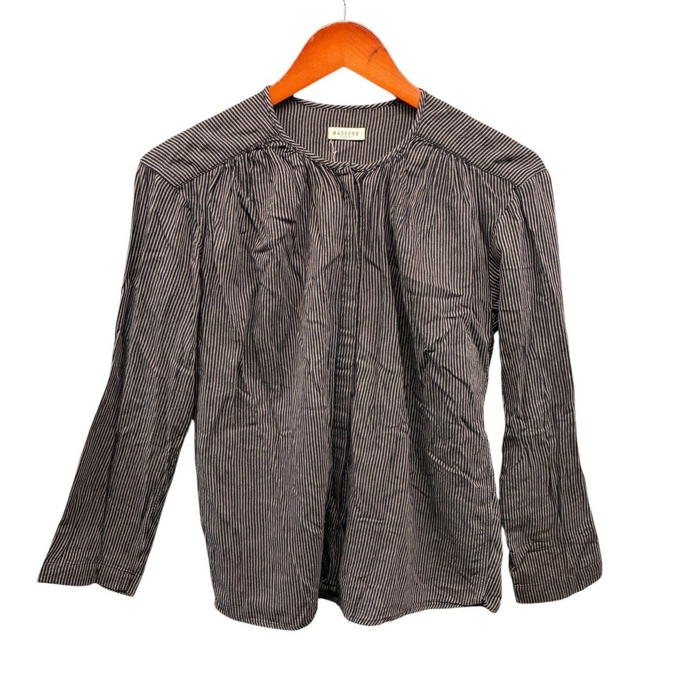 Masscob Collarless Striped Blouse Womens XS Brown Pleated Button Front Boho